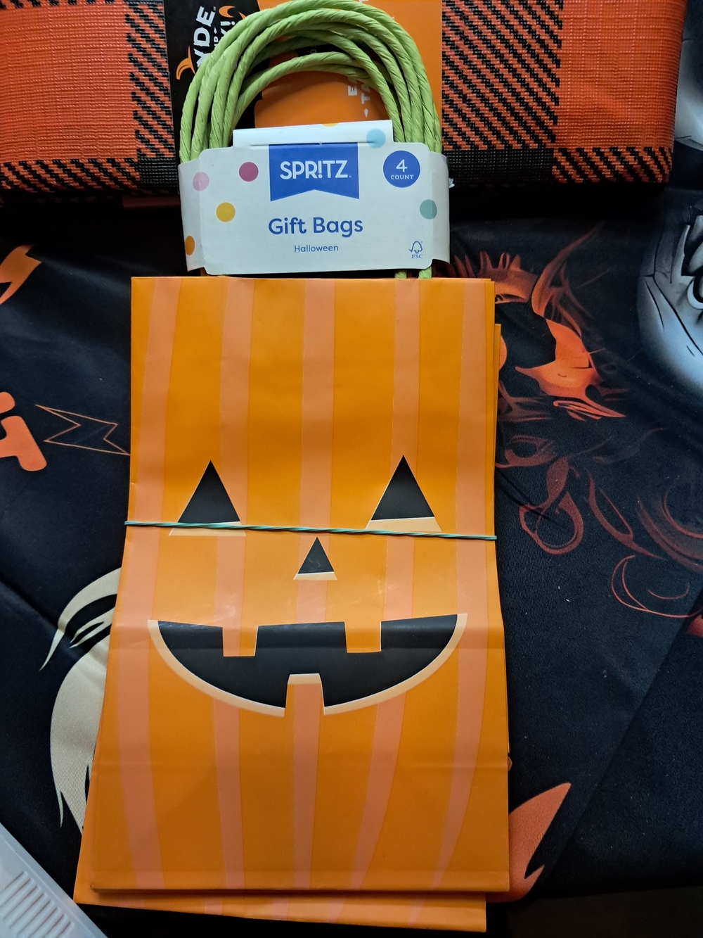 Spritz Orange Pumpkin Halloween Treat Bags with Green Handles - 4 Pack